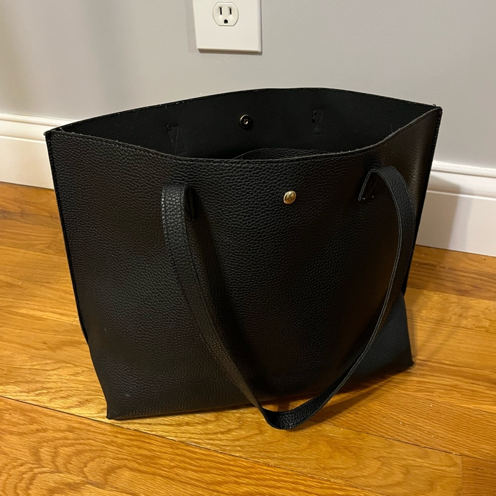 Black faux leather tote bag
